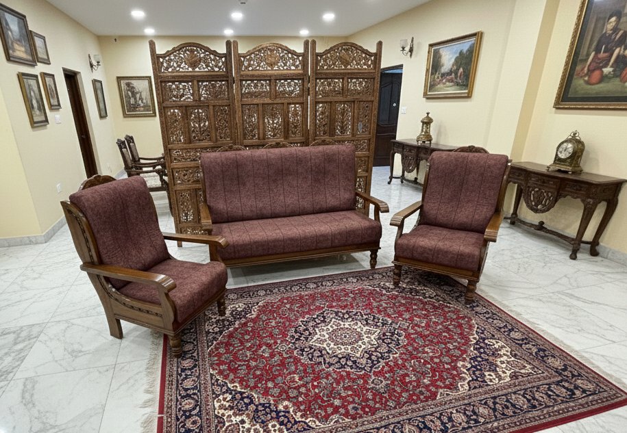 Classic Wooden Sofa Set (3+1+1) with Premium Maroon Fabric Upholstery - Image 2